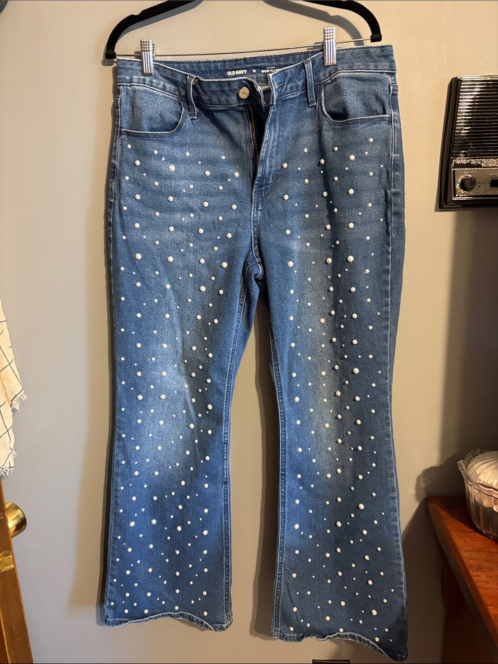 Old Navy Blue Flare Jeans with Pearl Studs